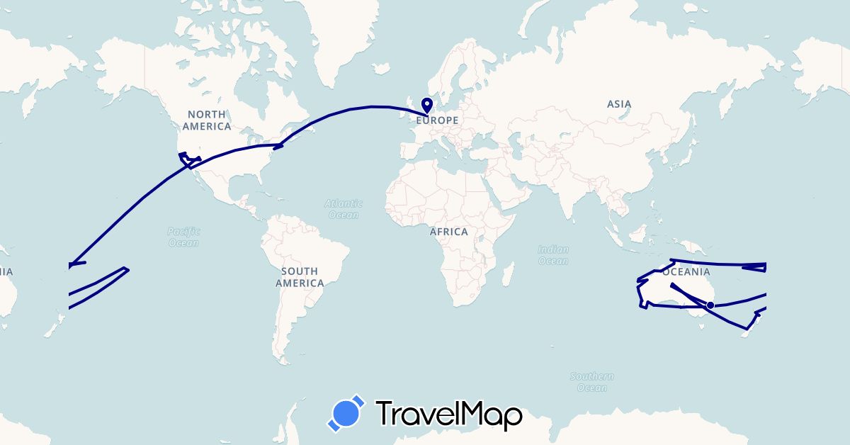 TravelMap itinerary: driving in Australia, Fiji, France, Netherlands, New Zealand, United States, Vanuatu, Samoa (Europe, North America, Oceania)